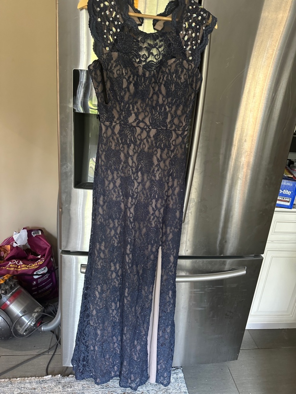 Diva Navy Blue Lace Evening Gown with Embellished Shoulders